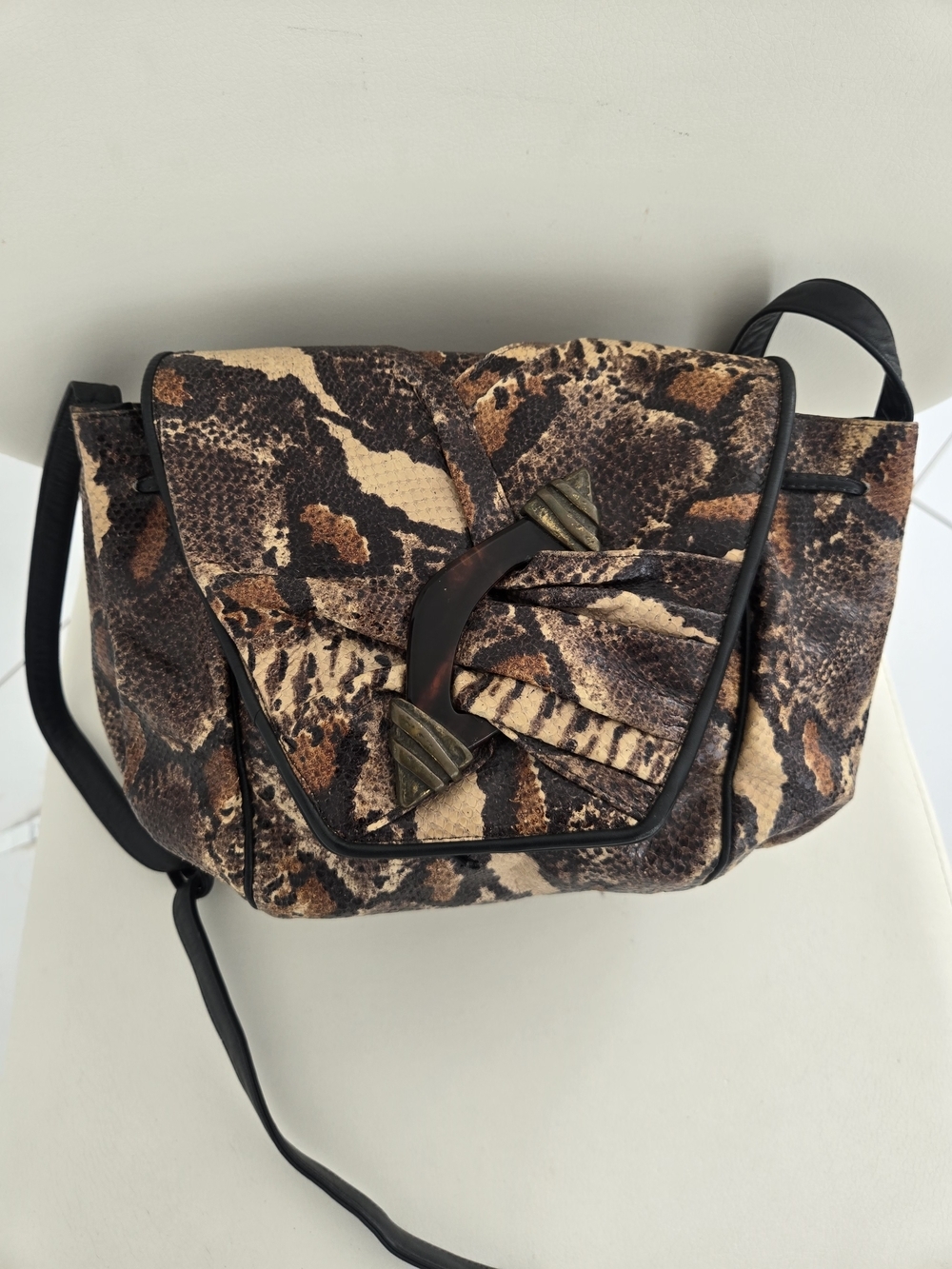 Sharif Python Snakeskin Framed Should Animal Print Crossbody Shoulder Bag  Brown